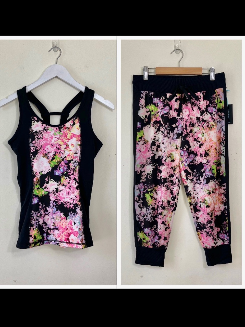 Matching Set Sport Tank Top Cropped Jogging Pants Flower Print Purple Pink Black